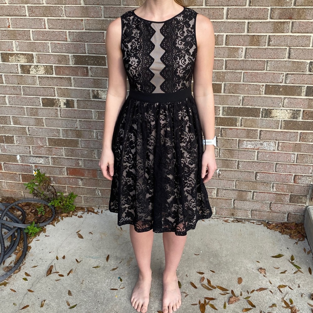 Tea length black and nude lace petite dress